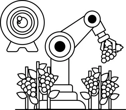 A robot is picking grapes from a vineyard Stock Illustration