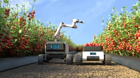 Robot is picking tomatoes in a tomato garden Stock Footage 246339704