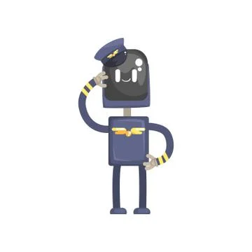Robot pilot character, android in blue uniform and cap cartoon vector Stock Illustration