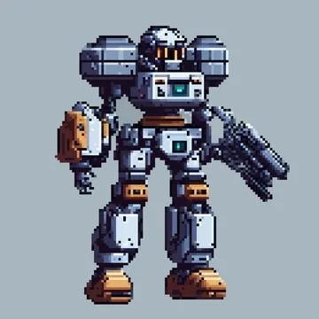 Robot pixel art character for 8 bit game scenery arcade video game Stock-Illustration