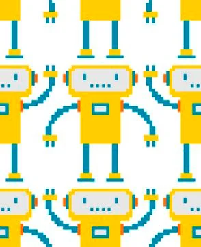 Robot pixel art pattern seamless. 8 bit cyborg background. Digital technology Stock Illustration