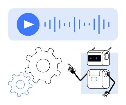 Robot with Play Button, Sound Waves, and Gears A Fusion of AI, Media, and T.. 库存插图