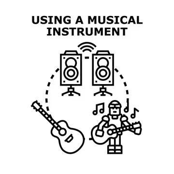 Robot playing acoustic guitar creating digital music sound Illustrazione stock