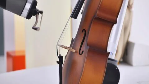 Robot playing cello during exhibition, blending technology and classical music Stock Photos