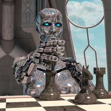 A robot is playing chess. High technology 3d illustration. Illustrazione stock