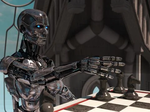 A robot is playing chess. High technology 3d illustration. 스톡 일러스트