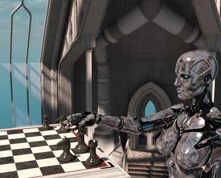 A robot is playing chess. High technology 3d illustration. 스톡 일러스트