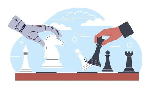 Robot playing chess with human. Competition with artificial intelligence. AI Stock Illustration