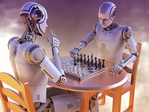 Robot playing chess, illustration Stock Illustration