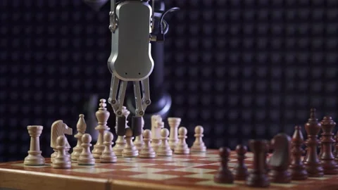 Robot playing chess with a man, the confrontation between man and artificial Stock Footage 133308306