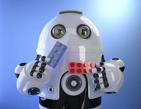 Robot playing with colorful building bricks. Technology concept. Stock Illustration