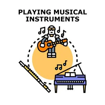 Robot playing guitar with musical instruments concept 스톡 일러스트