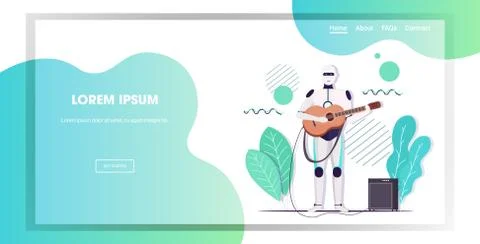 Robot playing guitar robotic character guitarist artificial intelligence tech Stock Illustration