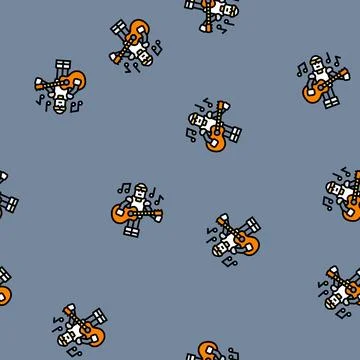 Robot playing a guitar vector seamless pattern Stock Illustration