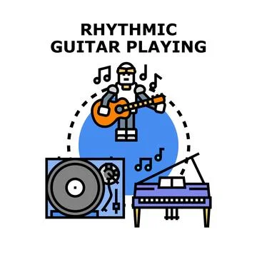 Robot playing rhythmic guitar with musical instruments Stock Illustration