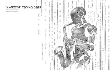 Robot playing saxophone with binary code. Polygonal mesh design technology Stock Illustration