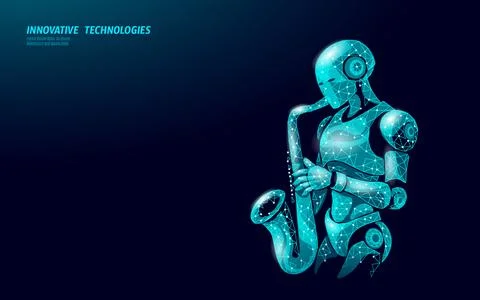 Robot plays saxophone low poly art. Futuristic android music innovation Stock Illustration