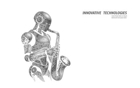 Robot plays saxophone low poly art. Futuristic android music innovation Illustrazione stock