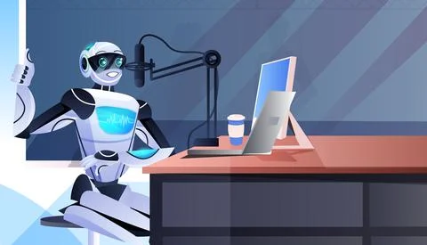 Robot podcaster talking to microphone recording podcast in studio podcasting Stock Illustration