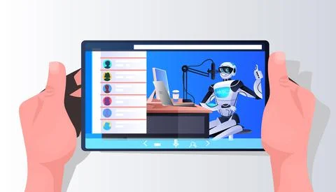 Robot podcaster talking to microphone on smartphone screen recording podcast in Stock Illustration