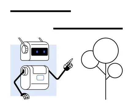 Robot Pointing at Abstract Tree with Lines, Using Artificial Intelligence t.. Stock Illustration
