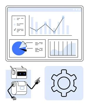 Robot Pointing at Analytics Dashboard with Graphs, Charts, and Gear Icon Sy.. Stockillustratie