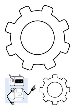 Robot Pointing and Two Gears in Minimalist Design Stock Illustration