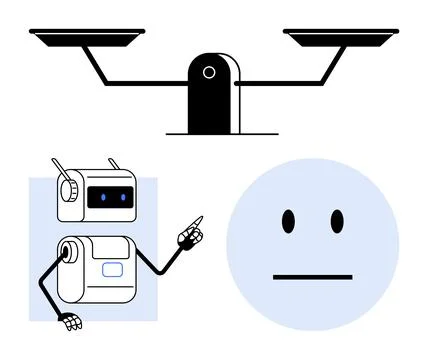 Robot Pointing to Balance Scale and Neutral Face Emoticon Illustrating Tech.. Stock Illustration