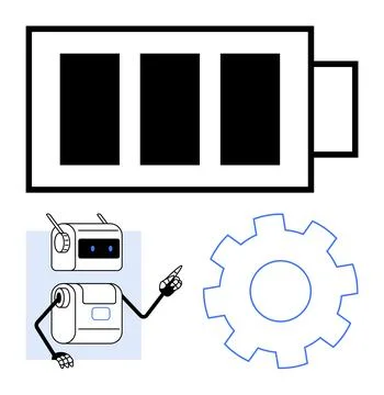 Robot Pointing at Battery Icon Representing Energy and Gear Symbolizing Mec.. Stock Illustration