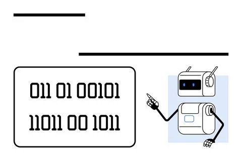 Robot Pointing at Binary Code on Screen with Geometric Elements, Ideal for .. Stock Illustration