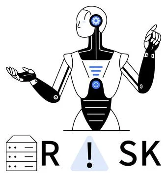Robot pointing with both arms, highlighting the word RISK with a warning sign Stock-Illustration