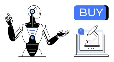 Robot pointing at BUY button with laptop displaying a microscope, symbolizi.. Stock Illustration