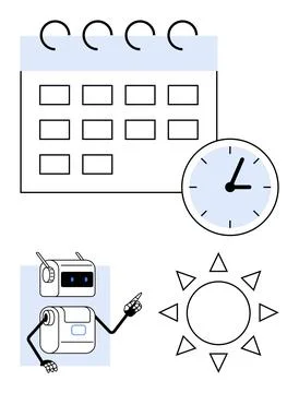 Robot Pointing at Calendar and Clock with Sun Illustration, Highlighting Or.. Stock Illustration