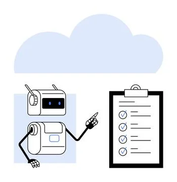 Robot pointing at a checklist with five checked items under a blue cloud shap Stock Illustration