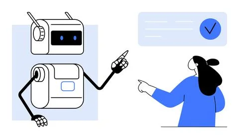 Robot pointing at checklist with human assisting Stock Illustration