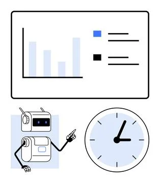 Robot pointing at clock with bar chart and legend, representing time manage.. Illustrazione stock