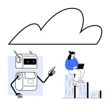 Robot Pointing at Cloud with Person Working on Laptop, Symbolizing Technolo.. Stock Illustration