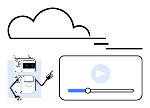 Robot Pointing at Cloud Streaming Video Player, Simplifying Technology and .. Illustrazione stock
