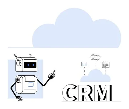 Robot pointing to CRM letters with cloud, chart, puzzle, calendar icons sugge Stock Illustration
