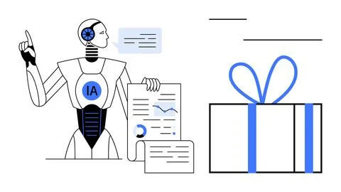 Robot pointing at data charts, analyzing reports with speech bubble, gift box Stockillustratie