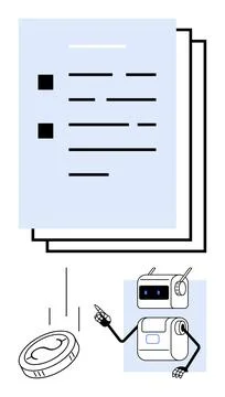 Robot Pointing to Document and Coin in Zero Gravity, Highlighting Automatio.. Stock Illustration