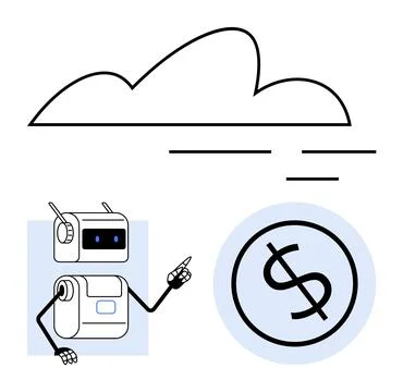 Robot Pointing at Dollar Symbol Under Cloud, Representing Technology and Fi.. Stock Illustration