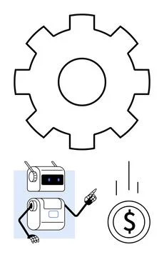 Robot pointing to falling coin with large gear overhead symbolizing economy.. Stock Illustration