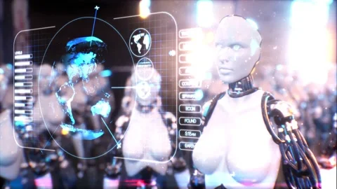 A Robot pointing in front of group of robots with HUD Stock Footage 155222564