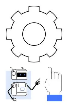 Robot Pointing with Gear and Hand Cursor Symbolizing AI Control and Automatio 库存插图