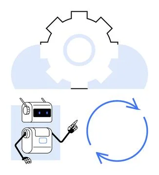 Robot pointing at gear inside cloud, blue circular arrows. Ideal for automati Stockillustratie