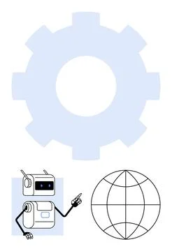 Robot Pointing at Globe Beside Large Gear Wheel Graphic Stock Illustration