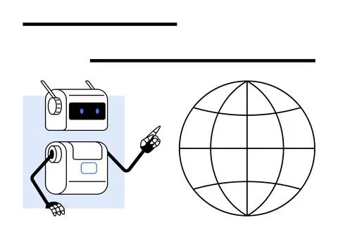 Robot pointing at a globe with linear elements for tech, global communicati.. Illustrazione stock