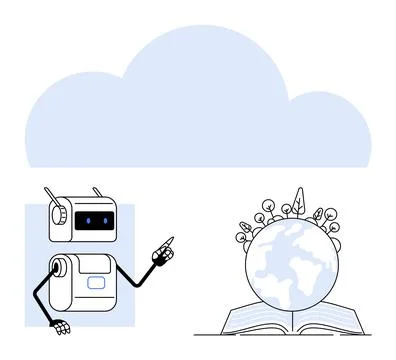 Robot pointing to globe with sprouting plants on an open book below a cloud.  Stock Illustration