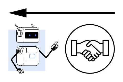 Robot Pointing at Handshake Symbol with Forward Arrow Symbolizing Progress .. Illustrazione stock
